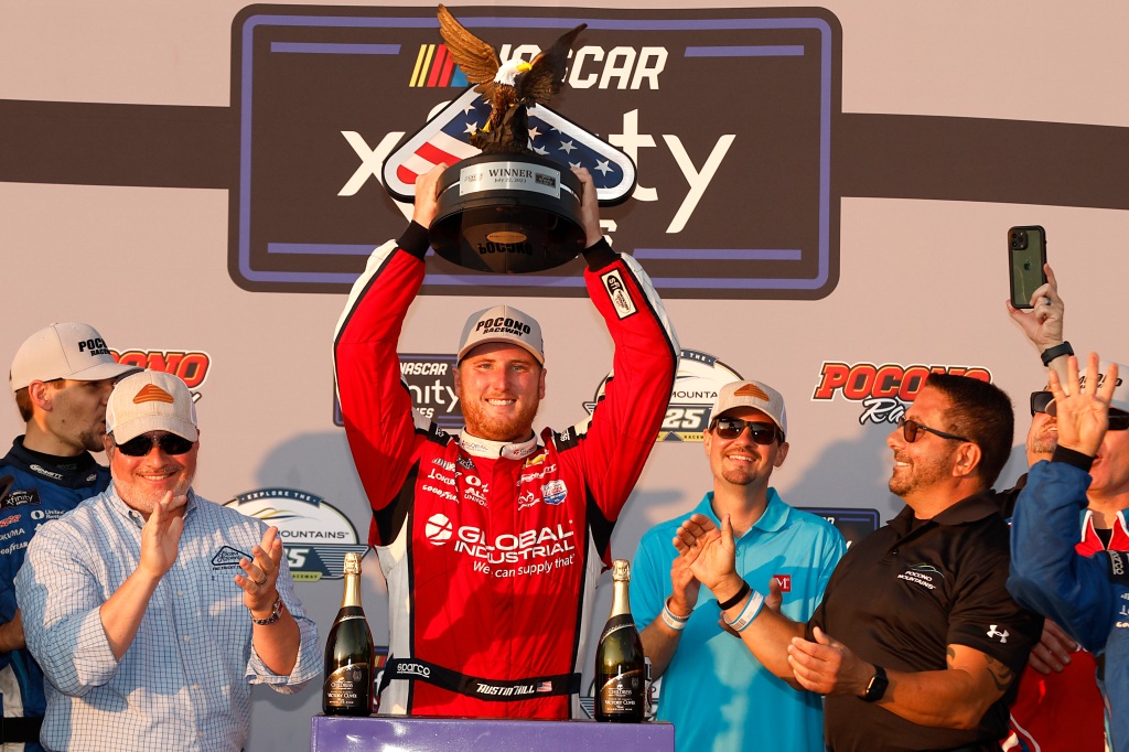 Austin Hill grabs the win at Pocono after chaotic final restart.